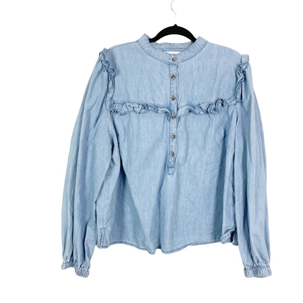 Eloquii Elements Woman's Sz 20 Blue Chambray Long Sleeve Ruffle Blouse Top - Picture 2 of 9